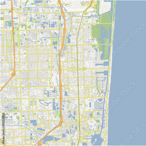 Map of Hollywood in Florida in a normal road map style. Contains layered vector with roads water, parks, etc.