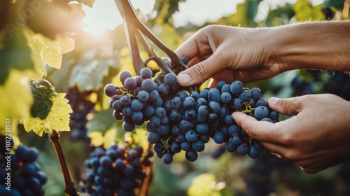 A close-up of hands holding a pair of scissors, snipping off ripe grape clusters in a sunny vineyard.