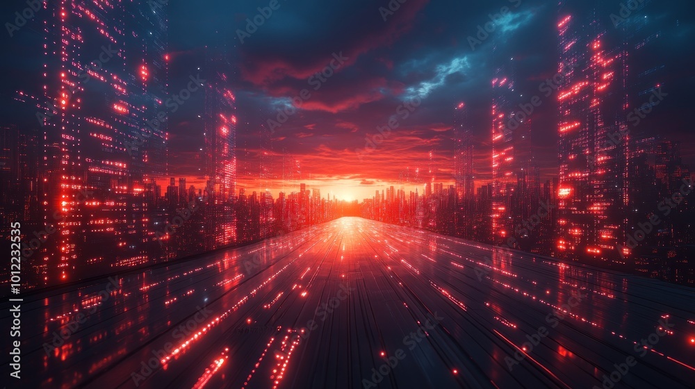 A futuristic city skyline with a glowing red sunset and a reflective platform in the foreground. A futuristic city skyline with a glowing red sunset and a reflective platform in the foreground.
