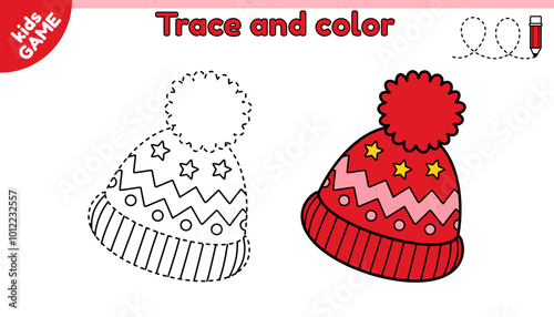 Kids educational game Tracing lines. Cartoon winter hat with pom pom. Trace and color. Handwriting practice worksheet for children education. Writing and coloring page. Baby vector illustration.
