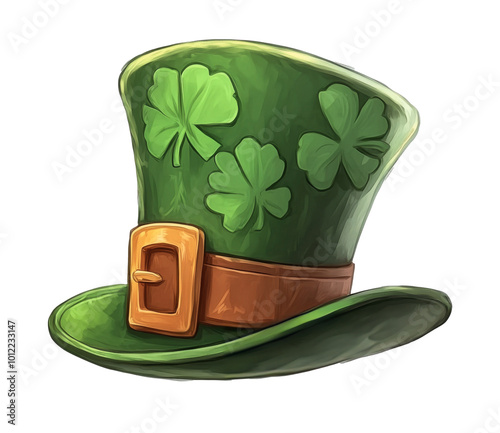 A vibrant green leprechaun hat adorned with shamrocks, perfect for celebratin...