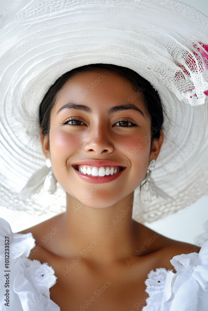 A vibrant portrait of a young Hispanic woman in an oversized white hat, her joyful smile lighting up the scene. The clean, white background keeps the focus on her playful expression and the subtle A vibrant portrait of a young Hispanic woman in an oversized white hat, her joyful smile lighting up the scene. The clean, white background keeps the focus on her playful expression and the subtle