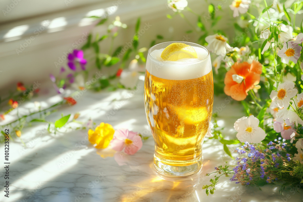 A chilled glass of beer with a twist of lemon is set on a marble table, surrounded by colorful summer flowers. The sunlight shines through the glass, highlighting the refreshing nature of the drink. A chilled glass of beer with a twist of lemon is set on a marble table, surrounded by colorful summer flowers. The sunlight shines through the glass, highlighting the refreshing nature of the drink.