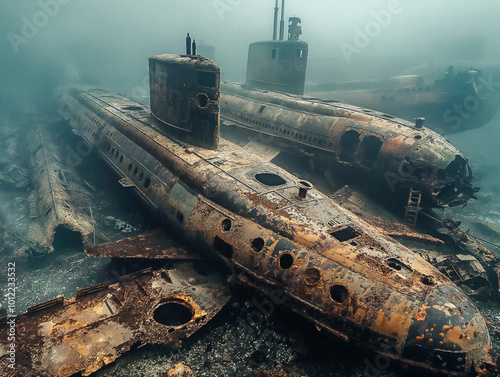 Two old, rusted submarines are at the bottom of the ocean. The water is murky and the submarines are covered in rust photo