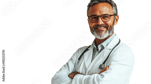 Smiling doctor in a white coat poses with arms crossed against a white backgr...