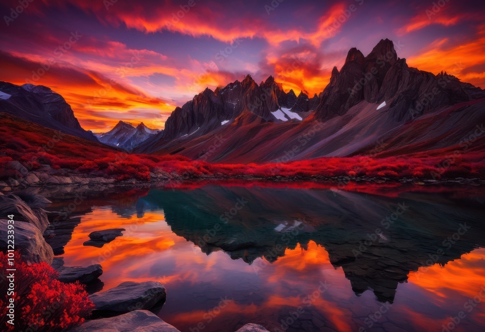 Fototapeta premium breathtaking view majestic mountains bathed vibrant purples sunset sky, alpine, awareness, beauty, canvas, clouds, contrast, deep, dramatic, expanse, flame