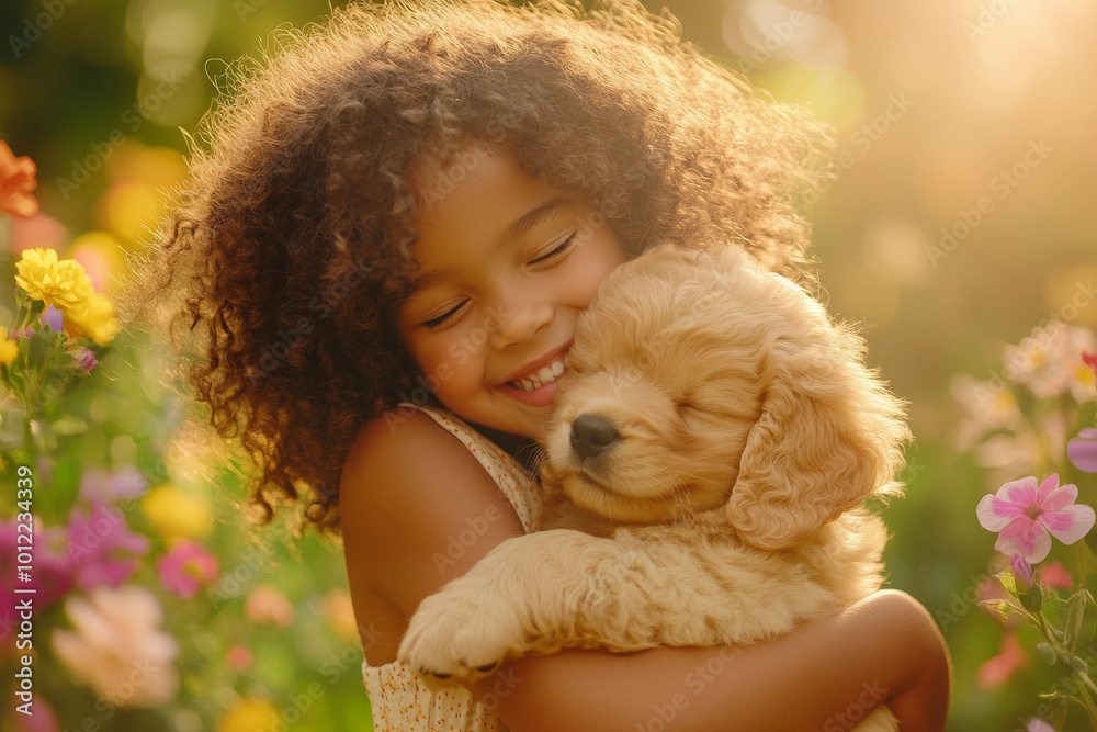 A young girl with curly hair, tightly hugging a fluffy golden puppy in her arms, her face lit up with joy. The background features a sunny garden filled with colorful flowers, capturing the essence of A young girl with curly hair, tightly hugging a fluffy golden puppy in her arms, her face lit up with joy. The background features a sunny garden filled with colorful flowers, capturing the essence of