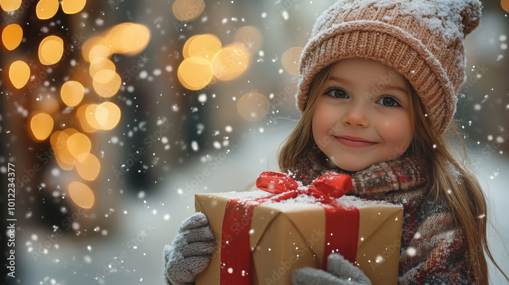 Little happy girl with christmas presents in her hands, christmas lights and snowfall in the background, big editable space Little happy girl with christmas presents in her hands, christmas lights and snowfall in the background, big editable space