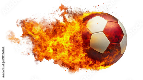 A soccer ball ignites in flames while soaring through the air in a dramatic d...