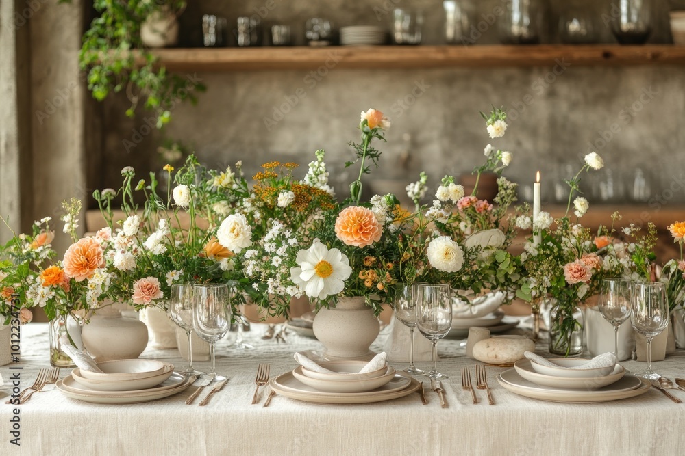 A rustic table setting with a centerpiece of white and orange flowers in ceramic vases. A rustic table setting with a centerpiece of white and orange flowers in ceramic vases.