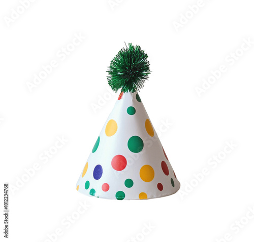 Colorful party hat with pom-pom decoration on a white background for celebrat...