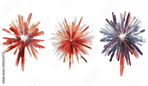 Celebratory watercolor fireworks bursting in red, white, and blue on a white ...