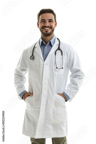 Smiling male doctor in a white coat with stethoscope poses confidently against a plain background