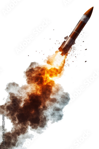 Rocket launch with explosive ascent against a clear background depicting powe...