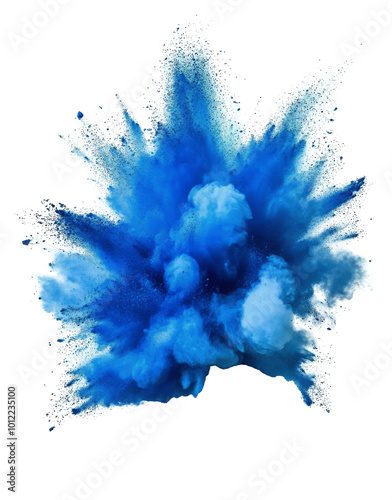 Vibrant blue powder explosion creates an artistic impact against a white back...