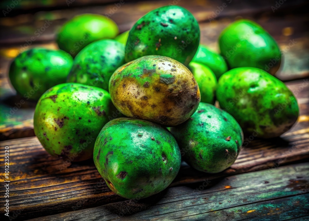 Fresh Green Potatoes with Unique Skin Texture and Natural Imperfections on a Rustic Wooden Surface Fresh Green Potatoes with Unique Skin Texture and Natural Imperfections on a Rustic Wooden Surface