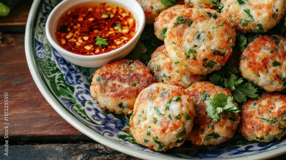 A colorful plate of Thai shrimp cakes (tod man goong), served with a side of sweet and sour dipping sauce.