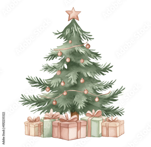 A beautifully decorated Christmas tree with pink ornaments and wrapped gifts ...