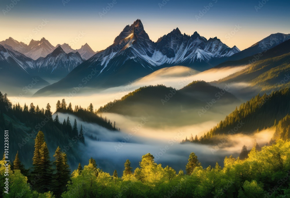Fototapeta premium expansive mountain range enveloped mystical rolling capturing awe inspiring beauty grandeur, altitude, adventure, backdrop, breathtaking, bright, cliff