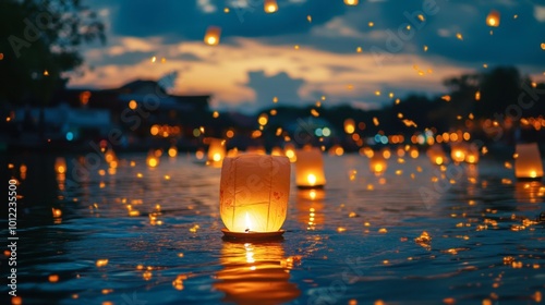 A colorful shot of a traditional Thai floating lantern being lit and released during the Loy Krathong festival.