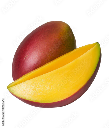 Fresh ripe mango with slices and green leaves displayed on a light background