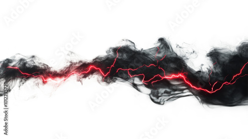 Swirling black smoke with vibrant red highlights against a pale background