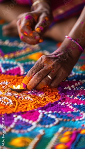Intricate Rangoli Design with Vibrant Colors for Diwali Celebrations and Artistic Creations