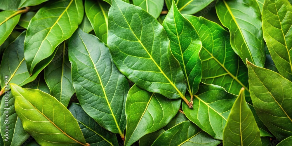 Fototapeta premium Fresh laurel leaves with vibrant green color for culinary use, garnishing, and aromatic purposes