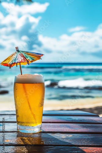 A chilled beer glass with a colorful cocktail umbrella sits on a beachside table, with waves gently lapping in the background. The refreshing drink epitomizes the perfect summer getaway moment. photo