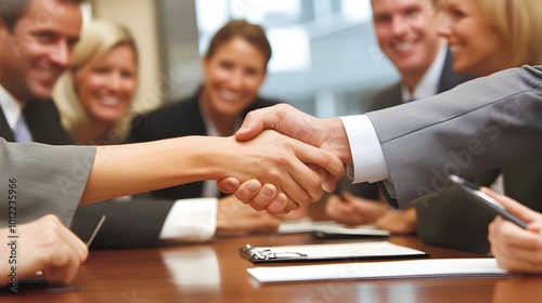 Businesspeople shaking hands in a meeting, signifying a successful deal or agreement.