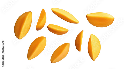 A vibrant arrangement of fresh mango slices and whole mangoes on a bright background