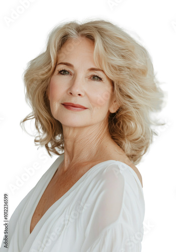 Elegant elderly woman with silver hair wearing a lace dress against a neutral...