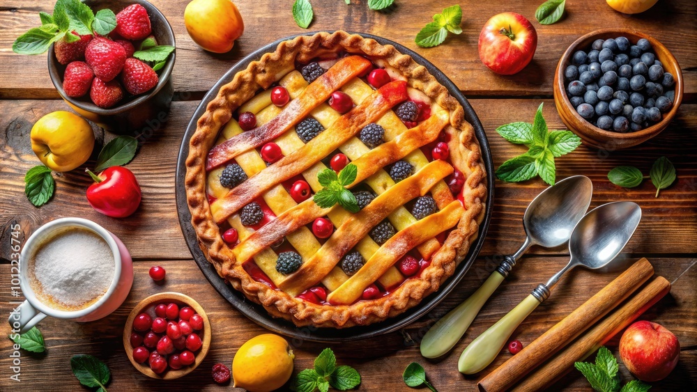 Freshly Baked Fruit Pie on a Wooden Table Surrounded by Ingredients and Kitchen Utensils Freshly Baked Fruit Pie on a Wooden Table Surrounded by Ingredients and Kitchen Utensils