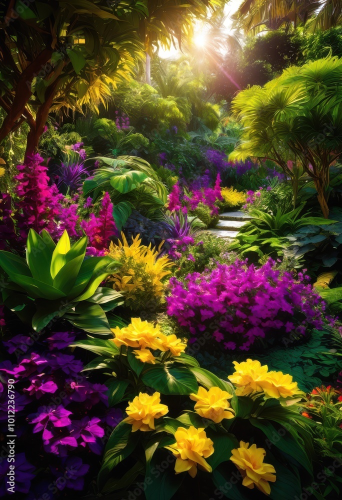 Fototapeta premium stunning vibrant garden layout featuring diverse array flourishing plant varieties lush colorful landscape, arrangement, backyard, biodiversity, blooms