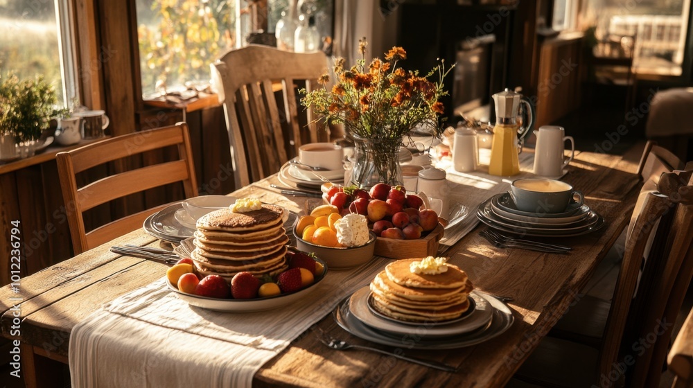 A cozy, rustic farmhouse table, set for a family breakfast with pancakes, fruit, and coffee.
