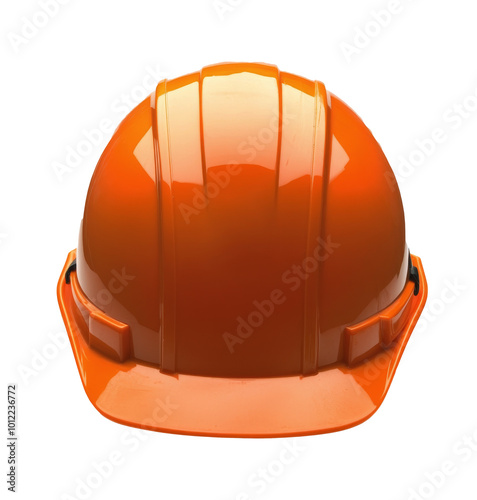 Bright orange safety helmet for construction workers placed on a white backgr...