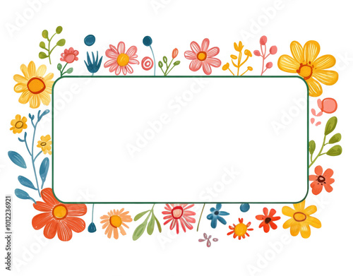 Colorful floral border design featuring various flowers and leaves with a bla...