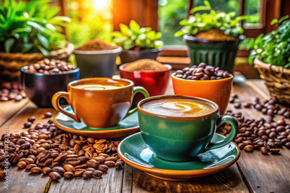 Freshly Brewed Coffee in a Cozy Cafe Setting with Beautiful Mugs and Aromatic Beans on Display Freshly Brewed Coffee in a Cozy Cafe Setting with Beautiful Mugs and Aromatic Beans on Display