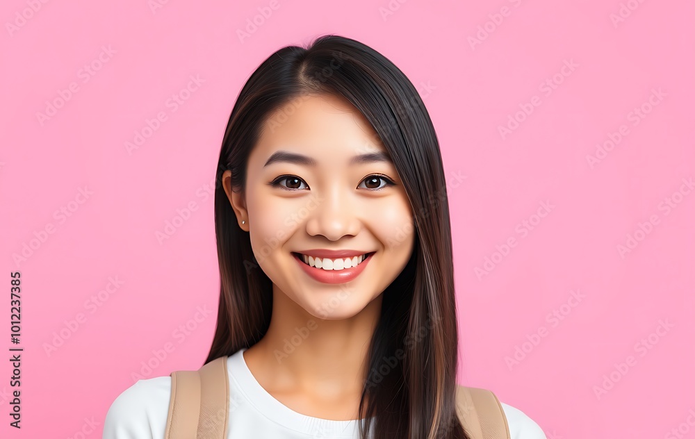 Studio shot of positive Caucasian woman with shining smile, dark straight hair, poins at upper right corner, shows free space for your advertisement, ready for school, isolated over pink background Studio shot of positive Caucasian woman with shining smile, dark straight hair, poins at upper right corner, shows free space for your advertisement, ready for school, isolated over pink background