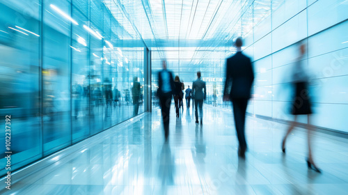 A dynamic shot of business people hurrying through a sleek, modern office corridor. The fast-paced movement creates a blur of motion, while the background, filled with glass walls and contemporary