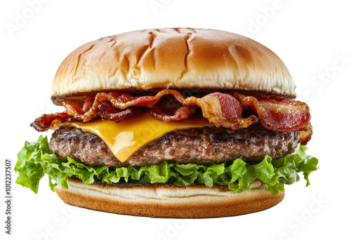 Juicy cheeseburger loaded with crispy bacon and fresh lettuce on a toasted bun