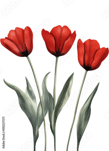 Beautiful red tulips arranged elegantly in a simple display against a light b...