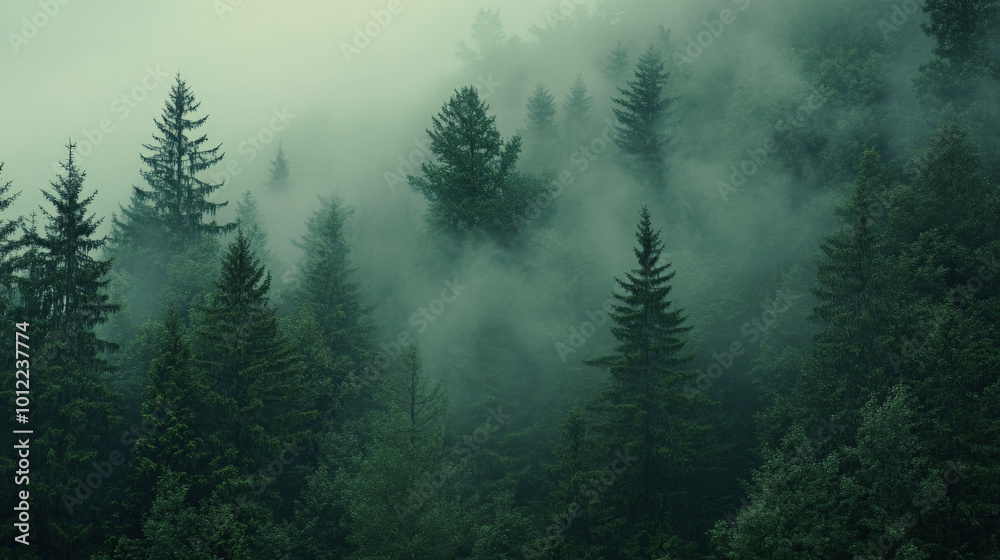 A moody shot of a dense pine forest enveloped in thick fog. The mist hangs in the air, creating a sense of mystery, while the lush green pine trees stand out against the hazy, dreamlike atmosphere. A moody shot of a dense pine forest enveloped in thick fog. The mist hangs in the air, creating a sense of mystery, while the lush green pine trees stand out against the hazy, dreamlike atmosphere.