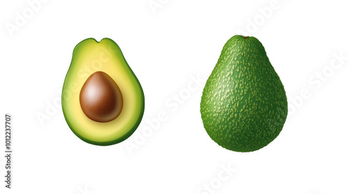 Fresh avocado halves showcasing the vibrant green flesh and single seed on wh...