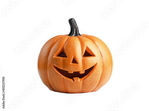 Bright orange pumpkin resting on a white background in preparation for fall d...