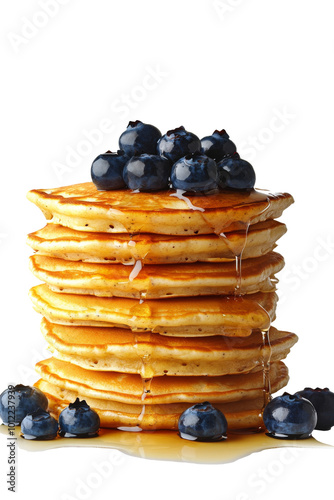 Delicious stack of fluffy pancakes topped with fresh blueberries and drizzled...