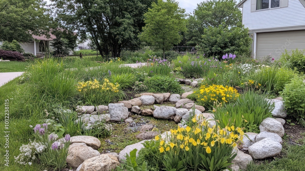 Obraz premium A Picturesque Garden with a Stone Stream