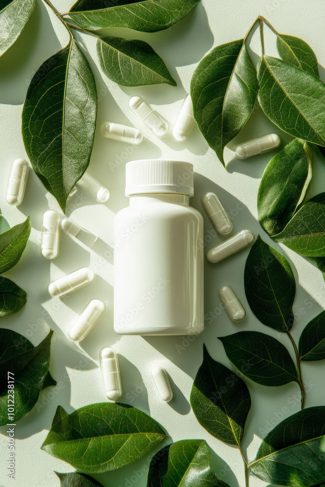 A clean, white supplement bottle lying on its side, with gel capsules and tablets cascading onto fresh green leaves. The contrast between the bright white and the rich greens creates a vibrant, health