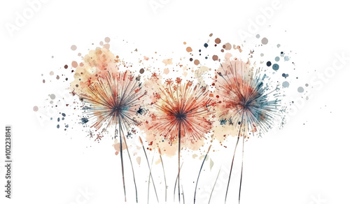 Abstract watercolor depiction of colorful dandelion flowers swaying in soft b...