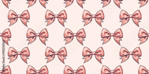 Vector seamless pattern with pink girlish bows and hearts on light pink background